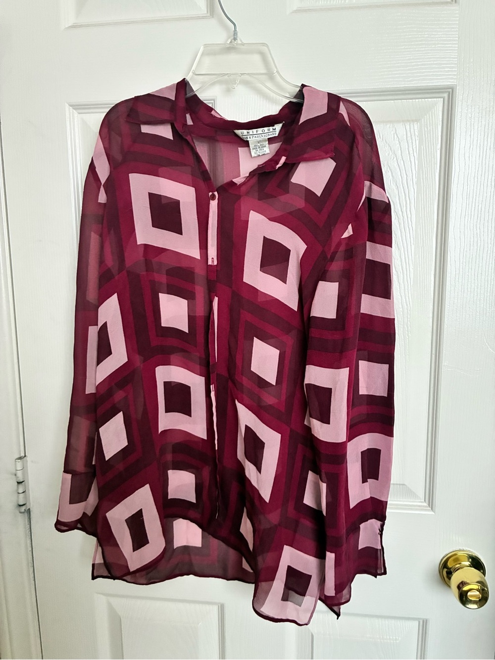 Sheer vintage Y2K Geometric Button-Front Blouse - Pink/Burgundy